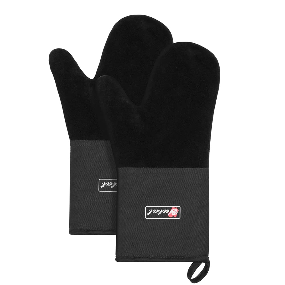 Yutat® Ofenhandschuhe - Kuh Wildleder Topfhandschuhe Hitzebeständig bis 320°C, extra lang und rutschfest Topflappen Handschuh, Perfekt für die Küche, Backen und BBQ im Freien, 2er Set, Schwarz