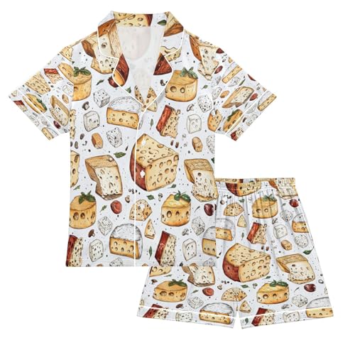 Satin Pajama Sets Short Sleeve Various Cheese Food Button Down Silky Nightwear 2 Piece PJS 5-14Y