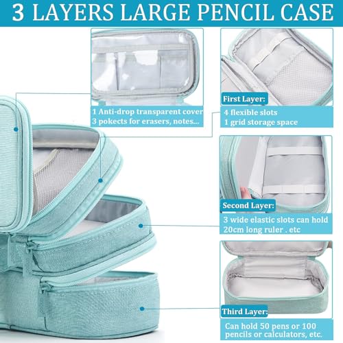 Image of Large Capacity Canvas Pencil Case With 3 Compartments - Dark Blue | Portable Canvas Stationery Organizer With Double Zippers, Simple for College, School, Office, Girl, Boy, Men, Women, Adult