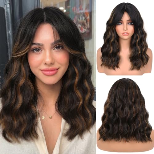 WIGNEE Lightweight Short Wavy Bob Wig with Curtain Bangs for Women – Natural Looking Synthetic Wig for Daily Wear, Beginner Friendly 14 Inch Heat Resistant Fashion Wig (Black with Brown Highlights)