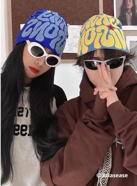 Image of Printed Beanie Hat, Beanies Y2K Winter Hats Streetwear Skull Cap Double-Layer Knitted Beanies Warm Knit Beanie, Hip Hop Streetwear Clothing