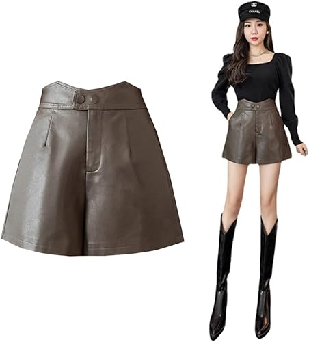 Autumn Winter Women's PU Shorts, Casual High-Waisted Loose Shorts Worn Outside with Boots