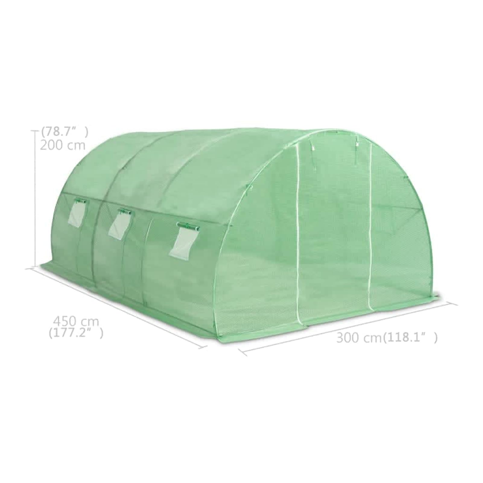 Szklarnia 450 x 300 x 200 cm – 13,5 m², duży domek na rośliny z siatki PE 140 g/m² i ocynkowanej stali, zielona, z okienkami wentylacyjnymi, do uprawy warzyw i owoców