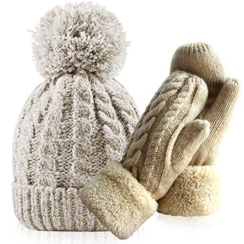 Women's Winter Gloves Warm Lining - Cozy Wool Knit Thick Gloves Mittens in 11 color (beige+beige hat)