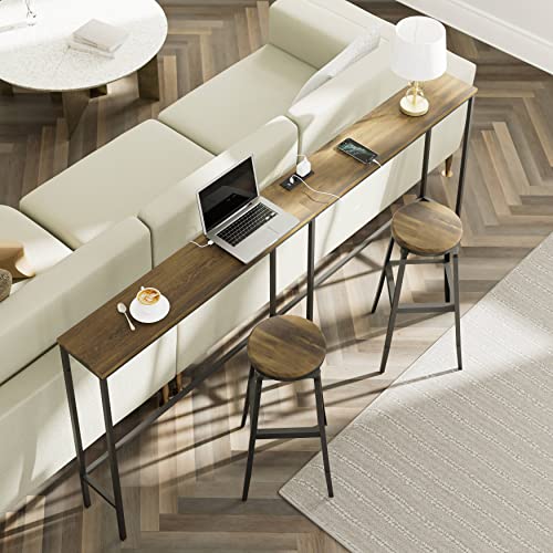 SONGXIN 63 Inch Console Table with Power Outlet,Modern Narrow Long Sofa Table Behind Couch,Skinny Entry Table with Black Metal Frame for Entryway,Living Room, Hallway,Walnut Brown