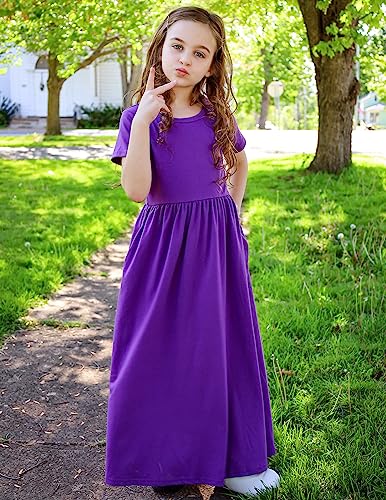Image of Arshiner Girls Maxi Dress Long /Short Sleeve Casual Holiday Dress with Pockets for 5-13 Years