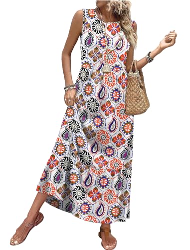 WIHOLL Womens Dresses Long Maxi Dress Summer Casual Dresses for Women 2026 Flowy Sleeveless Cruise Outfits Resort Wear for Women 2025 Beach Vacation Clothes Holiday Party Sundresses White Printed M