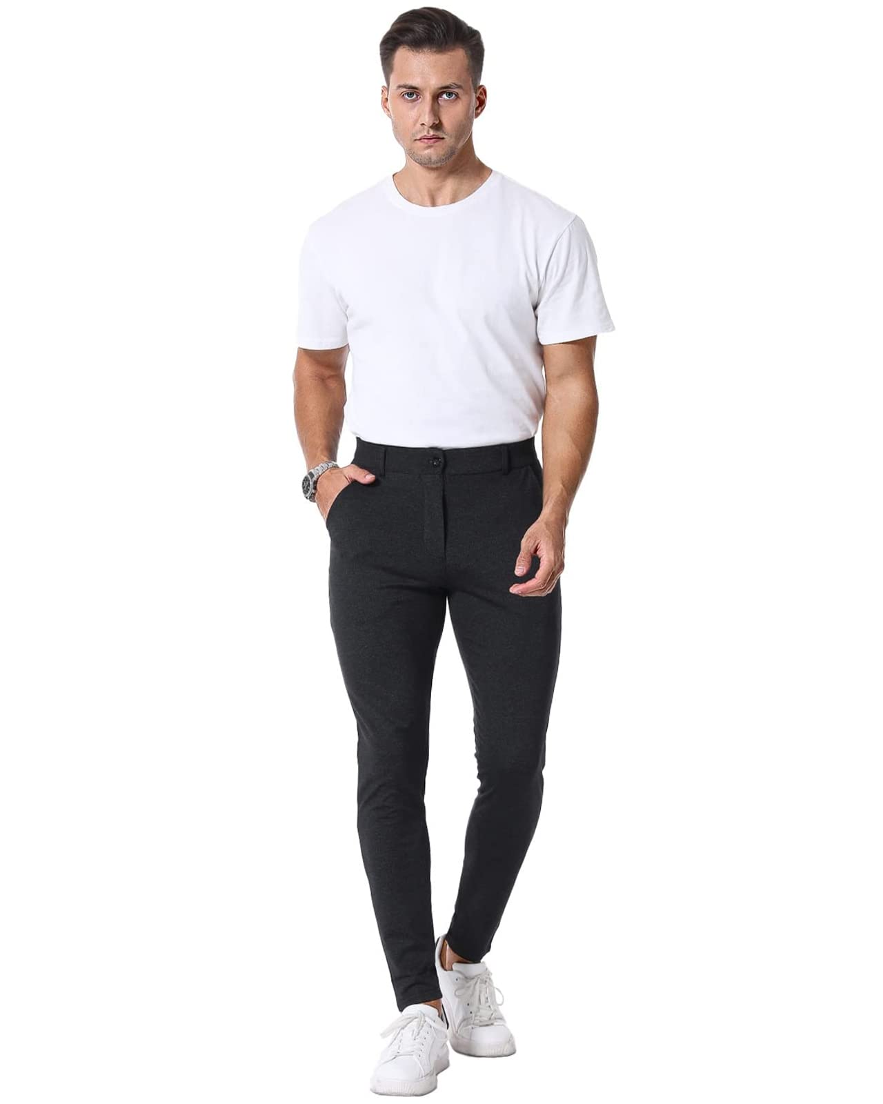Pantaloni casual da uomo Pantaloni a quadri elasticizzati slim fit pantaloni da uomo, 01-nero, XL