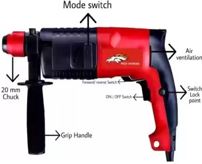 Image of RED HORSE 20 MM ROTARY HAMMER DRILL MACHINE RH-333 Model F /R Function HEAVY DUTY -1500 watt with 3 bits