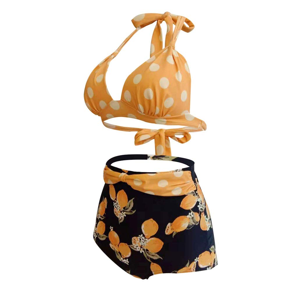 Donna Classico Bikini Costumi da Bagno Due Pezzi, Costume da bagno donna 2 pezzi Costumi da bagno Backless Halter Dot Top a vita alta Tropical Lemon Bottoms Strappy Estate Costume da bagno Surf Costum