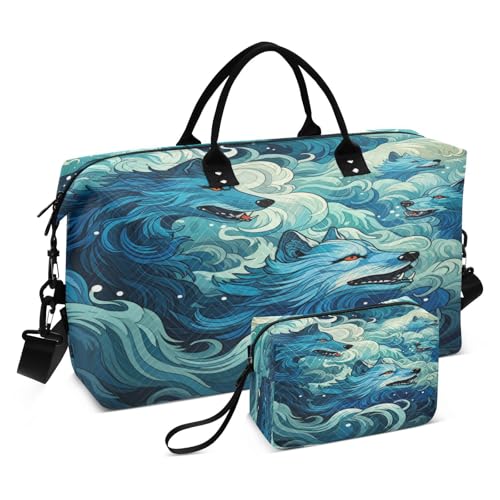 Abstract Wolves Pattern Sports Swim Gym Bag Weekender Duffel Travel Bags Handbag with Makeup Storage Bag for Girls Men