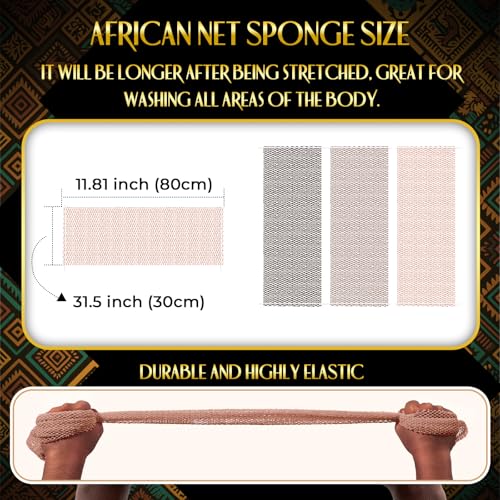 Image of UJFQBH African Net Sponge Authentic, Exfoliating Body Scrubber for Back and Hard to Reach Areas, Gentle Daily Exfoliation for Deep Cleansing, Quick Drying Shower Essential, Rosewood 3 Pack