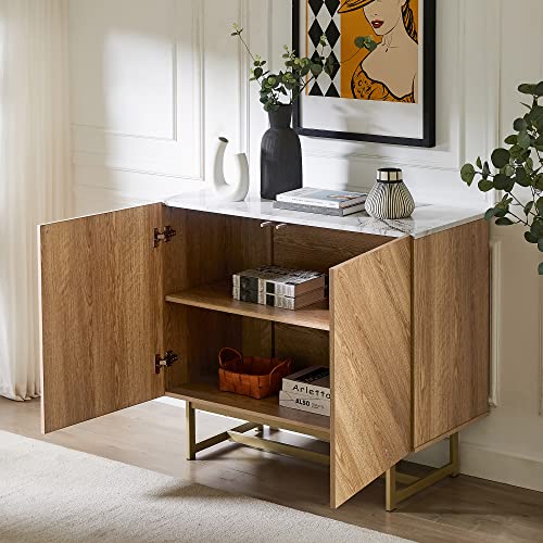 Roomfitters 39" Modern Sideboard Buffet Cabinet, Herringbone Pattern Mid-Century Credenza With Doors, Media Console With Storage, Wine Cabinet For Kitchen, Living Room, Entryway, Oak, Gold Metal Legs #TOP6