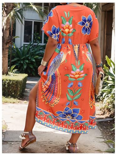 Image of Floerns Women's Plus Size Tribal Print Dolman Sleeve Slit Summer Maxi A Line Dress