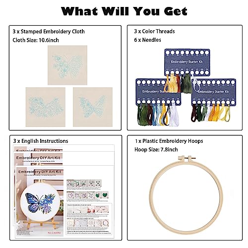 Image of GLTAYLMY 3 Sets Cross Stitch Kits with Beautiful Flower Pattern, Stamped Embroidery Kits with 3 Embroidery Clothes, Needles and Color Threads, 1 Embroidery Hoop