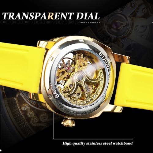 Image of FORSINING Fancy Watches for Men, Square Retro Mechanical Watch Self-Wind Carved, Gear Movement Golden Skeleton Automatic Watches Vintage Leather Strap Wrist Watch