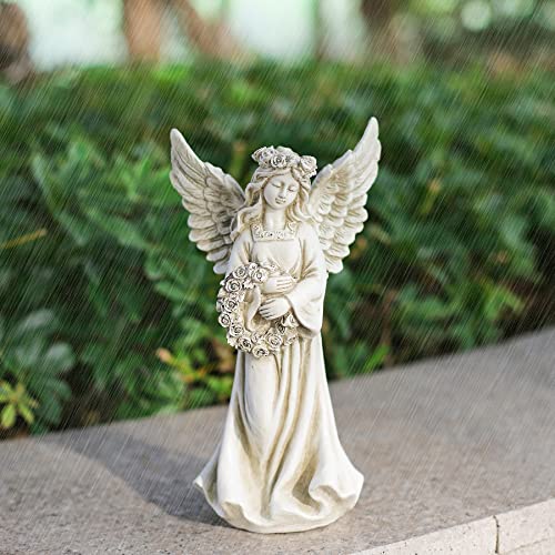 Angel Garden Statue Holding A Floral Wreath, Angel Memorial Figurine For Patio, Lawn, Yard, Memorial Gift Bereavement Gifts Religious Gifts Sympathy Gift Cemetery Grave, Ployresin 11.8 Inch #TOP2