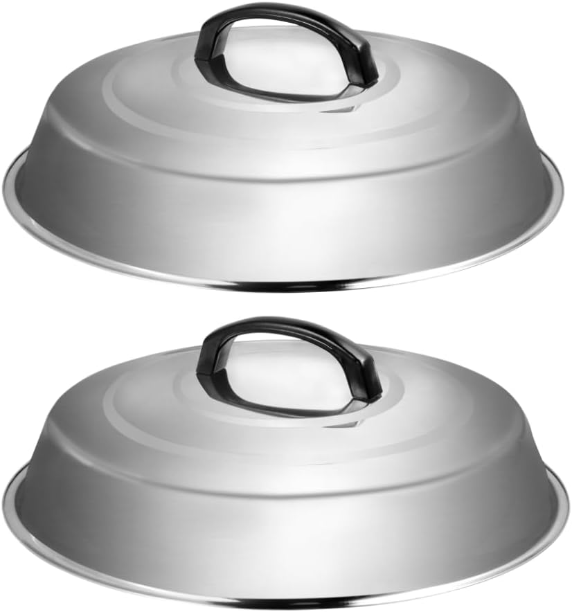 2 Pack Stainless Steel Basting Cover, 12.2 Inch Grill Dome Lid with Heat Resistant Handle for Outdoor Cooking, Dishwasher Safe, 2 Pack (Solid)