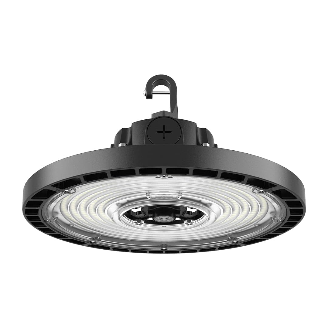 Elevate Black 150W UFO LED High Bay Light Fixture, 23,000 Lumens, 4000K/5000K Selectable, IP65 Waterproof, Dimmable Commercial Ceiling Light for Warehouse, Garage, Gym, Workshop