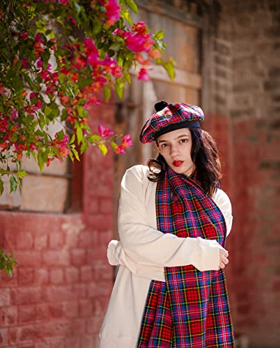 Image of Scottish Tam O' Shanter Hat Tartan Bonnet Pom Pom Wool Flat Cap One Size
