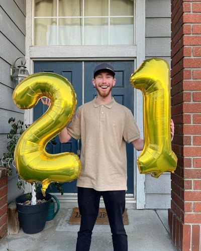 Image of Gold Number 21 Balloon 40 inch, 21 Number Balloons, 21st Gold Birthday Decorations, 21 Year Old Women Men Golden Party Supplies