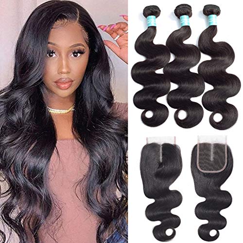 Body Wave Human Hair Bundles with Closure (12 14 16+10) 100% Unprocessed Peruvian Virgin Hair Body Wave 3 Bundles with Middle Part Lace Closure Natural Color Human Hair Weave Extensions