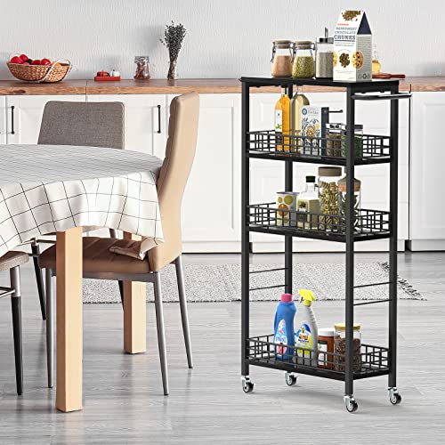 Slim Storage Cart 4 Tier Rolling Kitchen Cart Utility Serving Cart Laundry Room Narrow Cart With Handle Mobile Sheving Unit Organizer Wood Rolling Storage Cart For Bathroom Small Spaces, Modern Black #TOP4