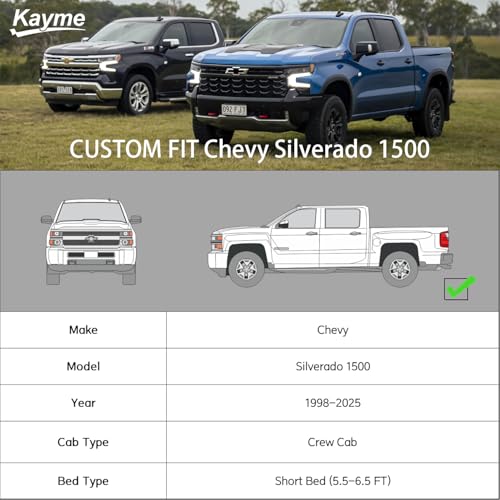 Image of Kayme Heavy Duty Truck Cover Custom Fit Chevrolet Chevy Silverado 1500(1998-2025) Crew Cab SB Short Bed. Waterproof All Weather for Pickup, Full Exterior Covers Sun Rain UV Protection.