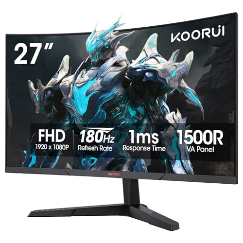 KOORUI Curved 27 Inch Gaming Monitor, Full HD 1080p R1500 180Hz VA Computer Monitor, 99% sRGB, Built-in Adaptive Sync, 1 x Display Port 1.2 & 2 x HDMI 2.0, Eye Care, VESA Compatible, Black 27E6CA