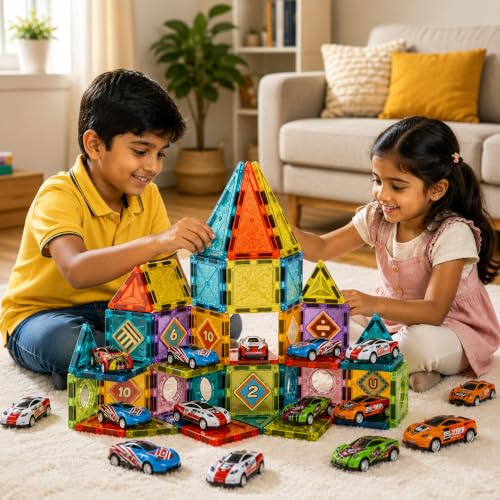 Image of Magnetic Building Blocks for Kids, 3D Magnetic Construction Set, STEM Educational Learning Toy, Creative Building & Pretend Play Toy for Boys & Girls, 3+ Years (65 PCS Mini Car Magnetic Tile Set)