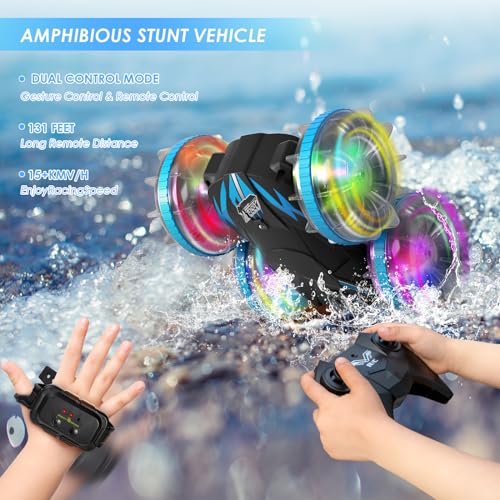 CGSGDK Beach Amphibious Remote Control Car Toys,2.4 GHz Remote Control Boat Waterproof, All Terrain RC Stunt Car with LED Lights, Land Water Boat Birthday Gifts Toys for 6-12 Year Old Boys Girls