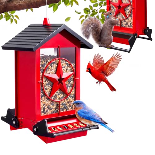 Squirrel Proof Bird Feeders for Outdoors with Weight-Activated Metal 5LB Large Wild Bird Feeders for Cardinals Blue Jay Finch Weatherproof Durable Hanging Bird Feeder for Backyard Garden (Red)