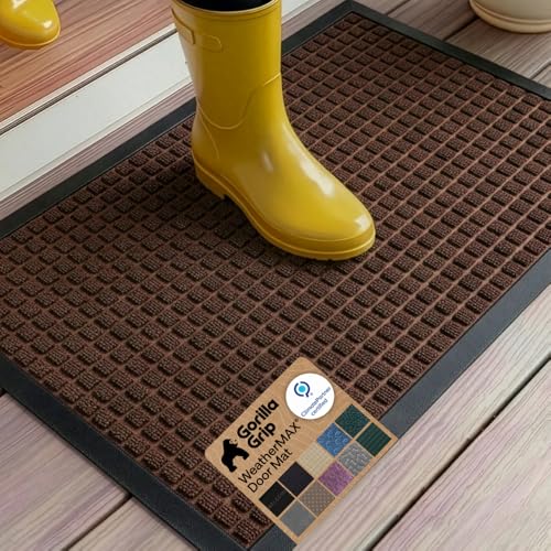GORILLA GRIP 100% Waterproof All-Season WeatherMAX Doormat 35x23, US Designed Natural Rubber, Stain and Fade Resistant, Low Profile Indoor Outdoor Door Mats, Easy Clean Patio Mat, Coffee Squares