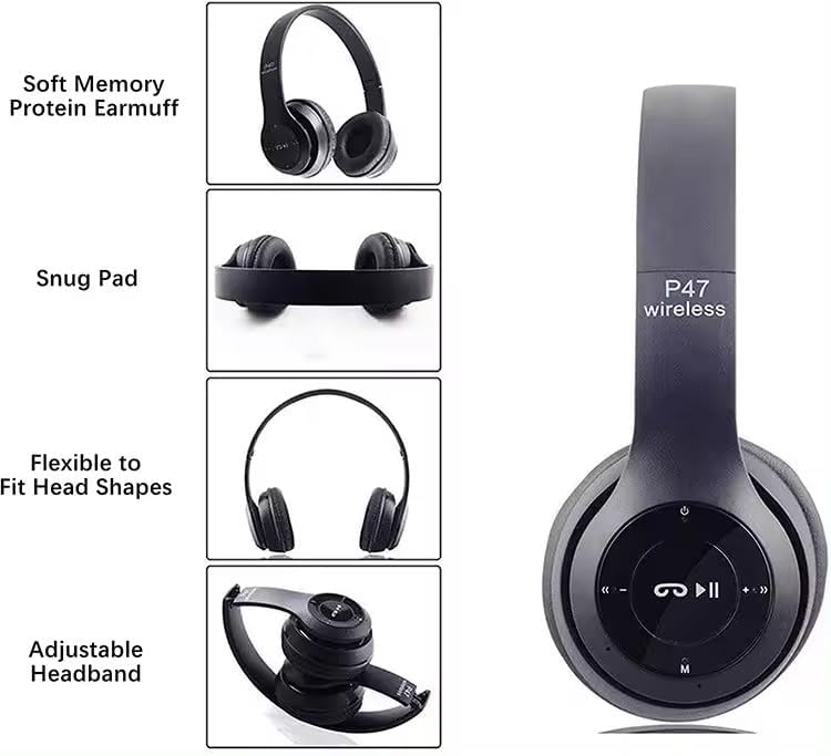 Image of Wireless Bluetooth Over Ear Headphones with Mic Adjustable Headband Stereo Headset Deep Bass & Memory Card Support
