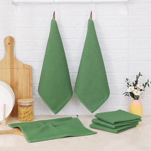 Image of 100% Cotton Kitchen Dish Cloths, 6 Pack Waffle Weave Ultra Soft Absorbent Dish Towels for Drying Dishes Quick Drying Kitchen Towels Dish Rags, 13.4 X 13.4 Inches (Grass Green, Pack of 6)