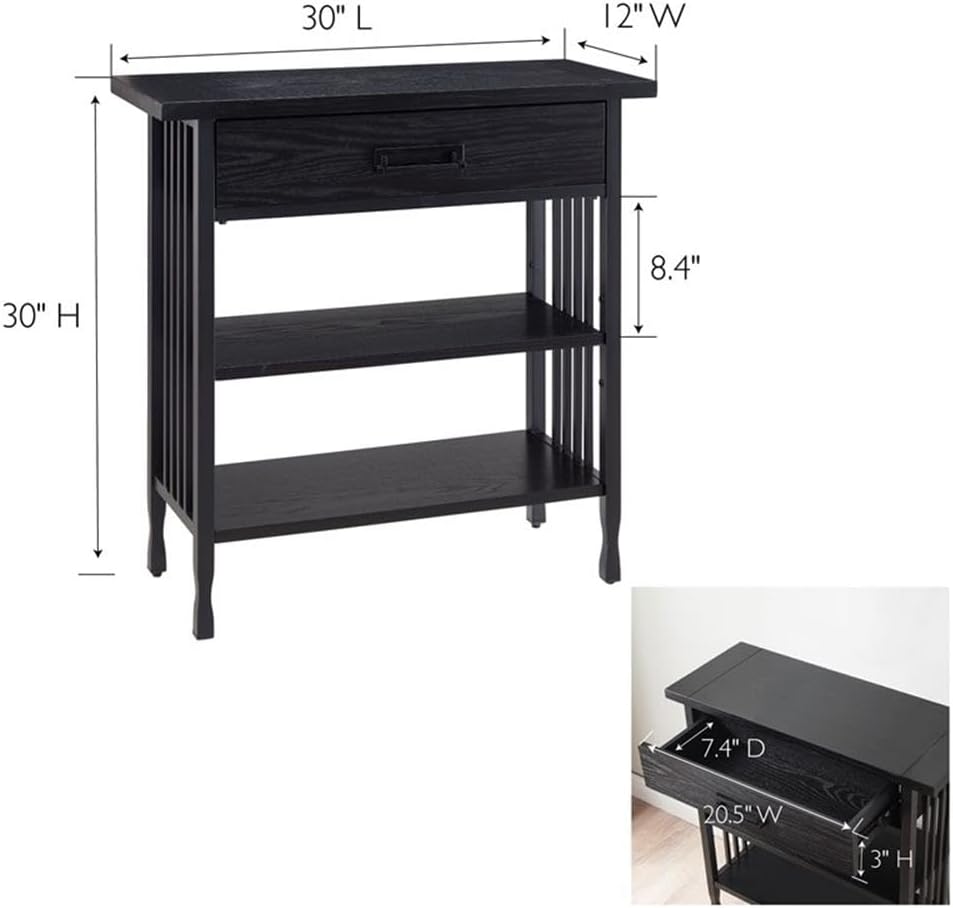 BOWERY HILL Ironcraft Foyer Bookcase, 30" H x 12" W x 30" L, Engineered Wood and Steel, Black Wash Finish, Adjustable Shelf and Drawer Storage, Mission Style Entryway or Living Room Bookcase