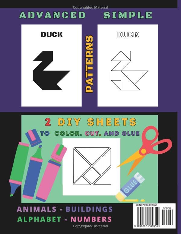 Tangrams Puzzle Book: Simple and Advanced Patterns for Kids Teens and Adults, Cutting Template 1:1, Animals Numbers Letters and Others - Image 2