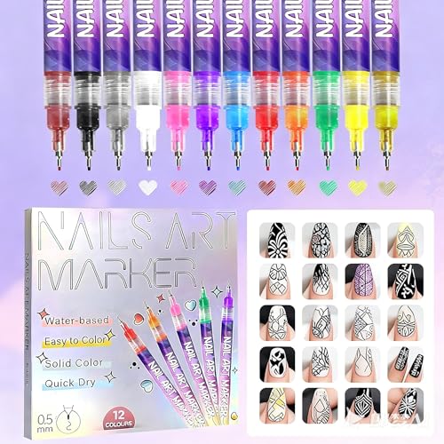 Image of 12 Colors Nail Art Pens Set, 0.5MM Fine Tip Water-Based Nail Painting Pens, Waterproof Quick-Drying Nail Art Markers for Women Girls DIY Home Salon Manicure Design