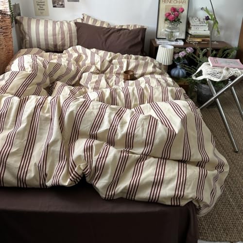 Image of Striped Duvet Cover Set Twin Size Reddish-Brown Stripes Comforter Cover Retro Vertical Ticking Stripes Pattern Soft Breathable Microfiber Bedding Set with Zipper Closure and 1 Pillowcase