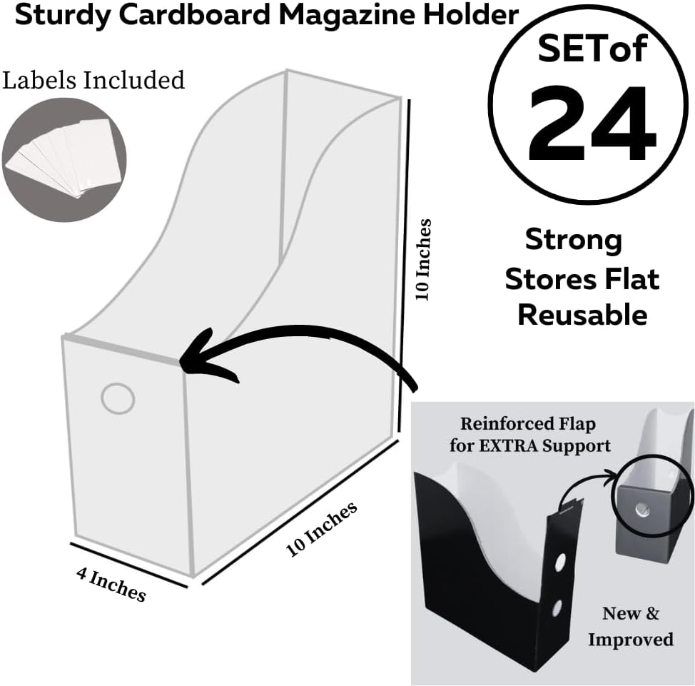Evelots Magazine File Holder-Organizer-Full 4 Inch Wide-White-with Labels-Set/24