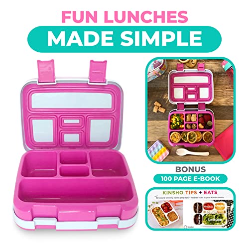 Image of kinsho Bento Lunch Box for Kids Toddlers Girls, 5 Portion Sections Secure Lid, Microwave Safe BPA Free Removable Tray, Pre-School Kid Daycare Lunches Snack Container Ages 3 to 5, Pink Fairy Princess