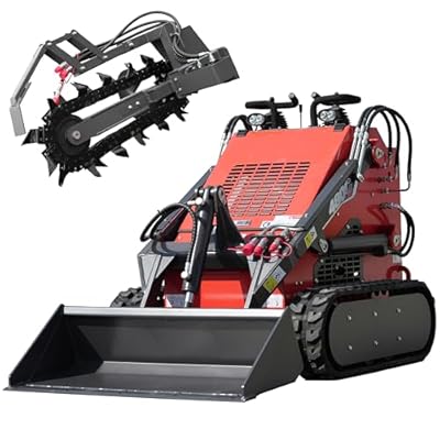 Stand-On Crawler Mini Skid Steer Loader with Trencher and 23 HP Gas Engine and Bucket Attachment, Stock USA