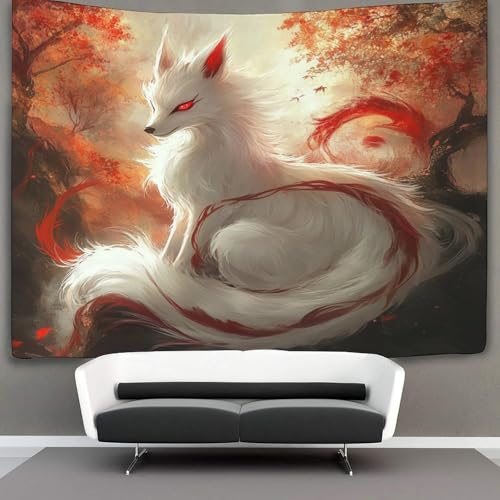 Tapisserie murale Nine-Tailed renard magique grand format 180x230 cm pour deco de chambre