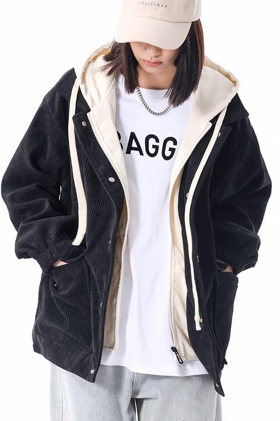 Image of Men's Corduroy Jacket Hoodies Button-Down Casual Shirt Jackets With Pockets Zipper Thicken Unisex Men Drawstring Coat,XS-X