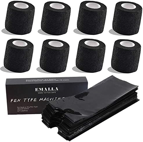 Tattoo Pen Covers with Tattoo Grip Tape Wrap Covers - TONBAO 200PCS Plastic Machine Pen Sleeves with 8pcs 2" x 5 Yards Tattoo Grip Tape Tattoo Machine Covers