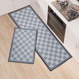 OPLERT Non-Slip Kitchen Mats of 2, Washable Kitchen Rugs, Anti Fatigue snd Water-absorbent, for Hallway, Dining Room, Door Entryway,Grey,40x60+40x120cm