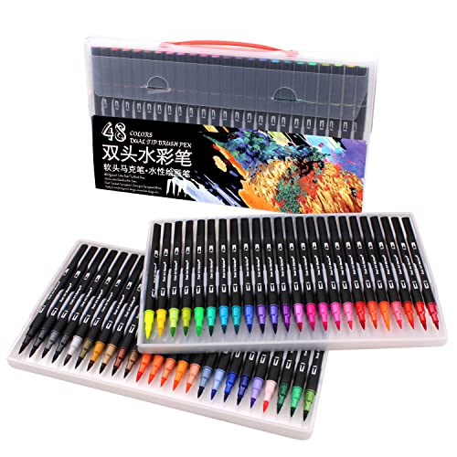 Rotuladores de doble punta con pincel, 48 lápices negros con punta de pincel y punta fina para adultos y niños, para dibujar y caligrafía Cover