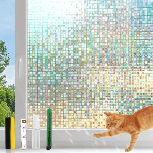 KESPEN Mosaic Rainbow Window Privacy Film, Stained Glass Decorative Cling Decals, No Glue Self-Adhesive Window Tint for Home and Door Covering, Mosaic,17.5 Inch X 6.5 Feet