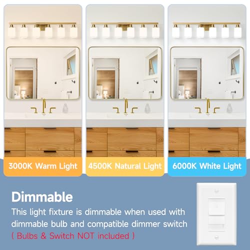Image of Brushed Gold Bathroom Vanity Light,6-Light Bathroom Light Fixtures with Square Frosted Glass,Gold Bathroom Wall Lamp Sconces for Mirror Bedroom,Living Room Hallway,E26