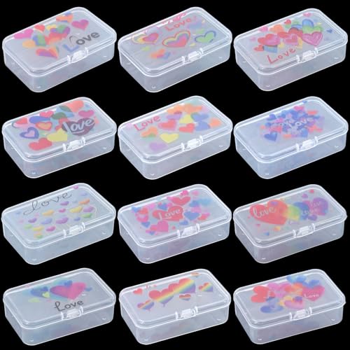 Image of Goodma 12 Pieces Love Hearts Image Pattern Rectangular Plastic Boxes Empty Storage Organizer Containers with Hinged Lids for Small Items and Other Craft Projects, 3.3 x 2.2 x 1 inch (Transparent)